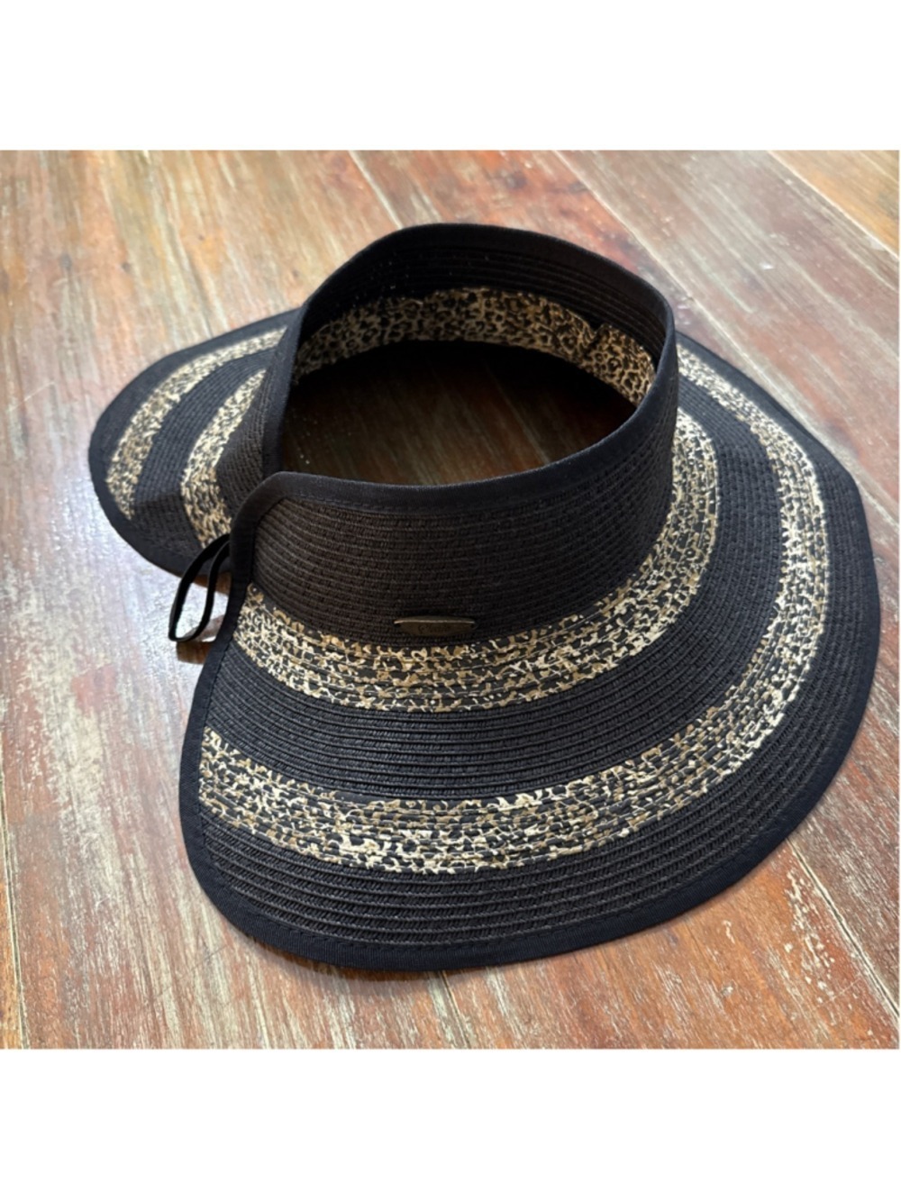 Scala Handcrafted Leopard Print Straw Sun Visor Wide Brim Black One Size